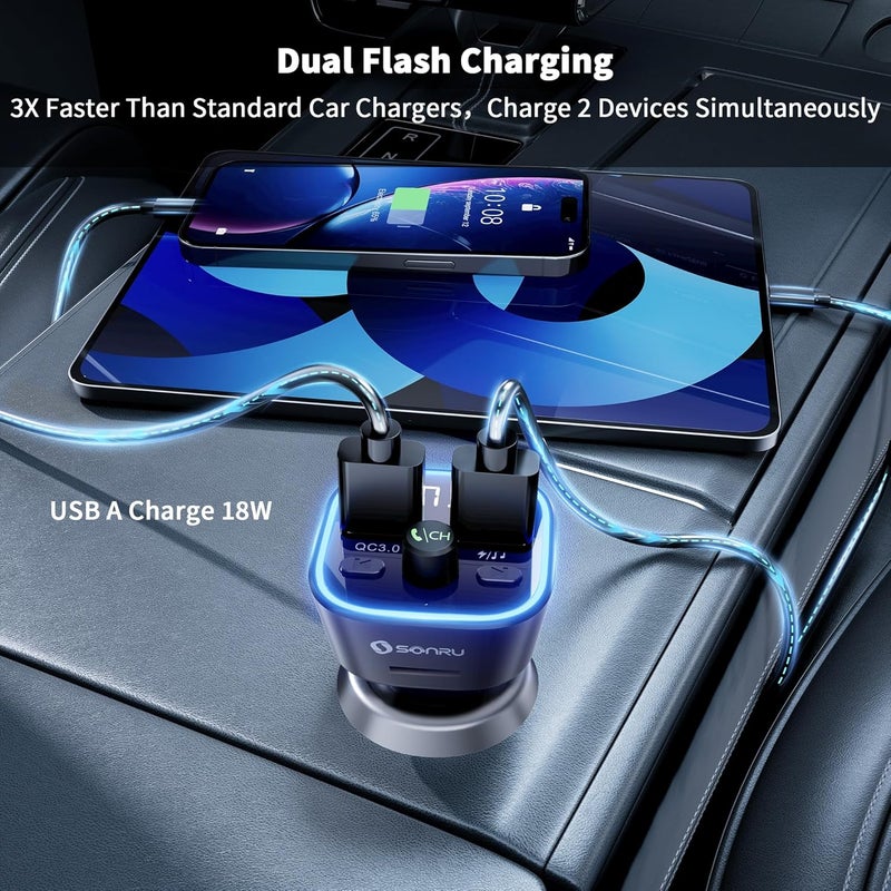 SONRU Bluetooth 5.3 FM Transmitter, Wireless Radio Adapter Car Kit, Audio Receiver Car Charger, Wireless FM Radio Transmitter, Hands-Free Calling and 2 USB Ports Charger, HiFi Treble & Bass Player - Image 5